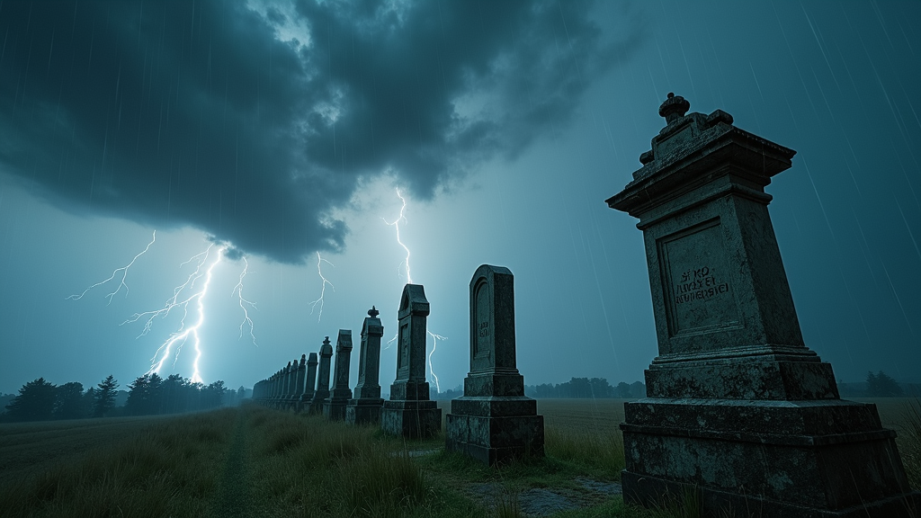 Thunderstorm wallpaper capturing a turbulent sky over a historic battlefield. Lightning weaves a web of light through aged war monuments, stirring images of old battles canopied by the electric dance of new skies. The image tells a story of both past conflicts and nature's enduring presence over epochs gone by.