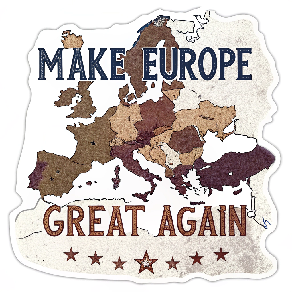 Design a sticker that mimics an old passport stamp, with the words 'Make Europe Great Again' stamped across a faded map of Europe.