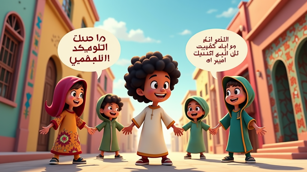 A playful cartoonish style featuring Khalid and his friends, with speech bubbles in Arabic and English, set in a Qatari neighborhood, using vibrant colors and patterns inspired by local textiles and art.