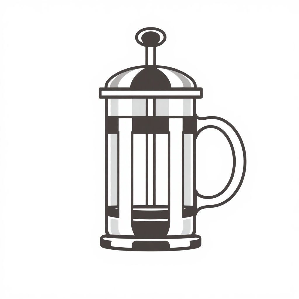 The image is a black and white line drawing of a french press coffee maker. The french press is made of glass and has a cylindrical shape with a handle on one side and a spout on the other. The lid is also made of metal and is attached to the top of the french press with a small knob. The handle is curved and has two small holes on the sides. The spout is slightly larger than the lid and is slightly wider than the handle. The background is plain white.