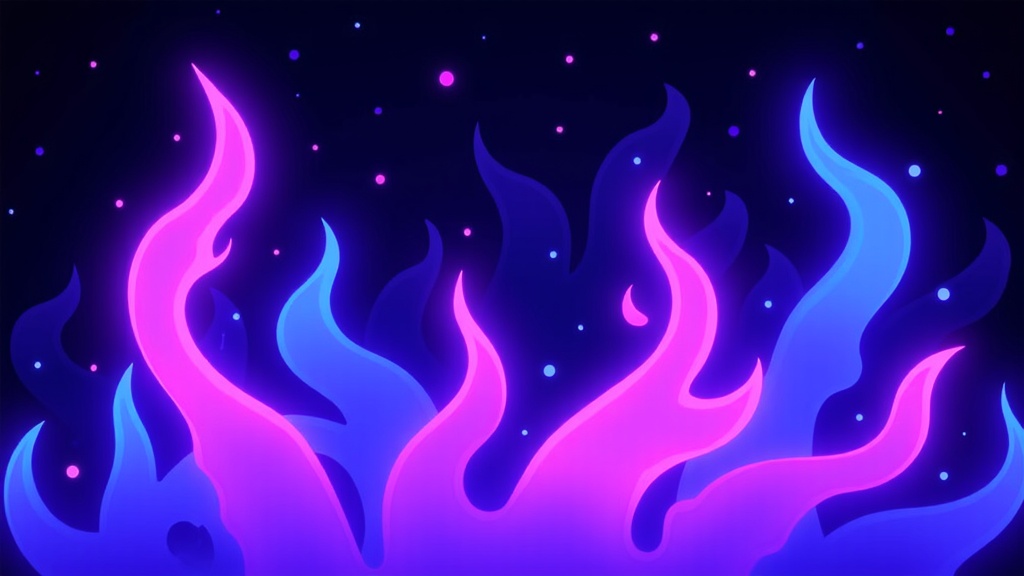 The image is an illustration of a group of pink and blue flames on a dark blue background. The flames are arranged in a way that they are overlapping each other, creating a sense of movement and energy. The pink flames are on the left side of the image, while the blue flames are in the center. The background is filled with small white dots, which could be stars or planets. The overall color scheme is vibrant and eye-catching, with shades of pink, blue, and purple.