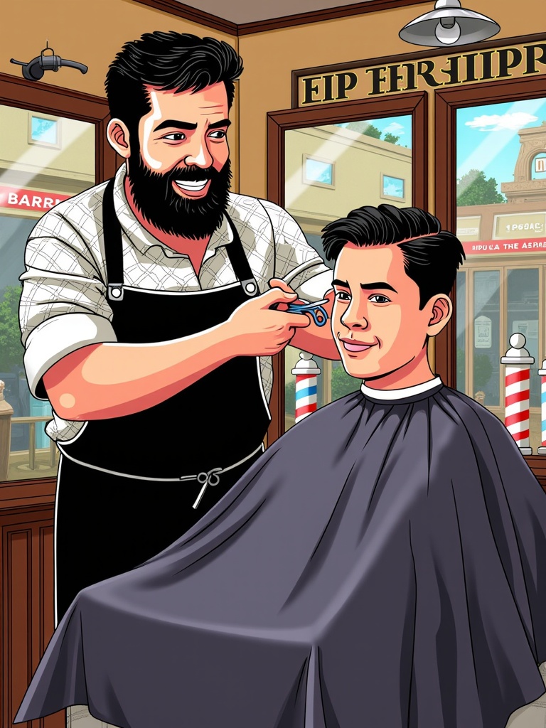  a barber cutting a young man's hair in a barbershop. The barber is standing behind the barber, holding a pair of scissors and a comb. The young man is sitting in a chair with a black cape draped over his shoulders. He is smiling and appears to be enjoying the process. The background shows a window with a view of a building and a sign that reads EIP FERRIPP. The overall color scheme of the image is bright and cheerful.