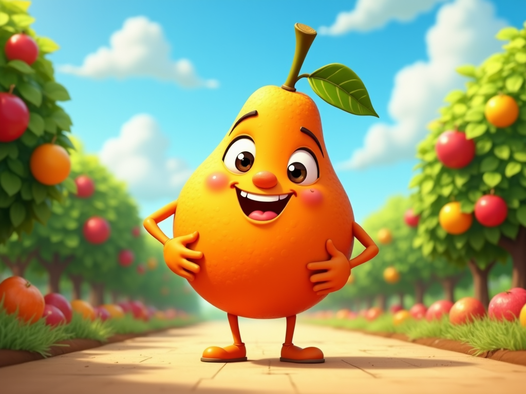 The image is a 3D illustration of a cartoon pear standing in an orchard. The pear is orange in color and has a big smile on its face. It has two arms and two legs, and its head is tilted slightly to the side. It is wearing a green leaf on its head and has two small eyes and a small nose. The background of the image shows rows of orange trees with red apples hanging from their branches. The sky is blue with white clouds. The ground is covered in green grass.