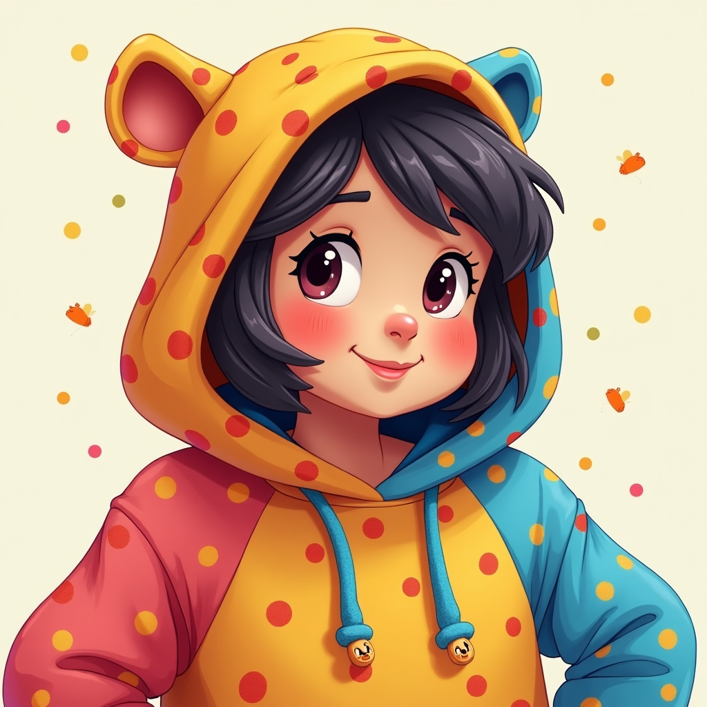 Close-up detail of cartoon hoodie hood, adorned with fun polka dots and mini character logos.