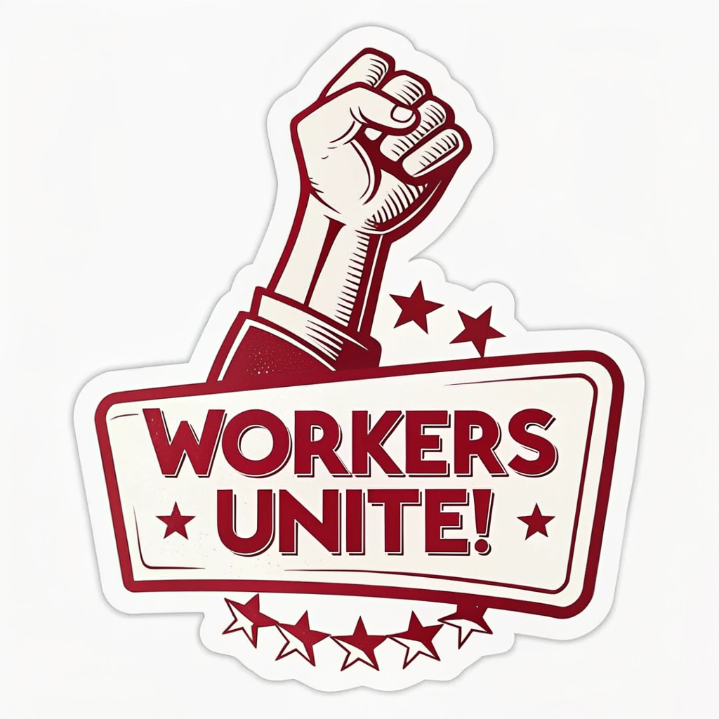 Translated text: May Day Protest Stickers - Raised Fist & 'Workers Unite!' May Day Sticker