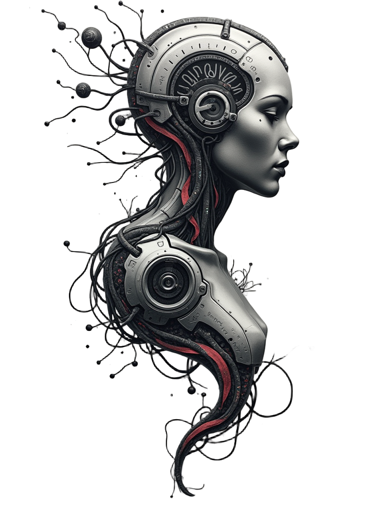 Bio-Mechanical Integration: Flowing algorithmic script organically weaving through bio-mechanical elements, symbolizing the fusion of AI with biological or mechanical forms, like data streams through cybernetic veins.
