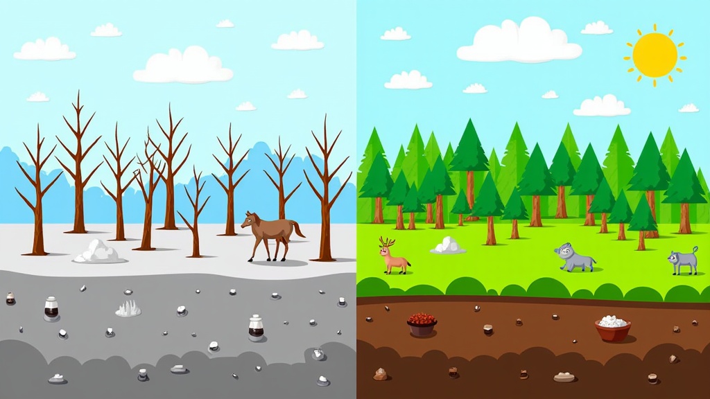 Split Scene - Deforested & Reforested: Visually juxtapose a barren, perhaps polluted landscape on one side with a vibrant, reforested area on the other, highlighting the transformative effect of tree planting and carbon absorption by new growth.