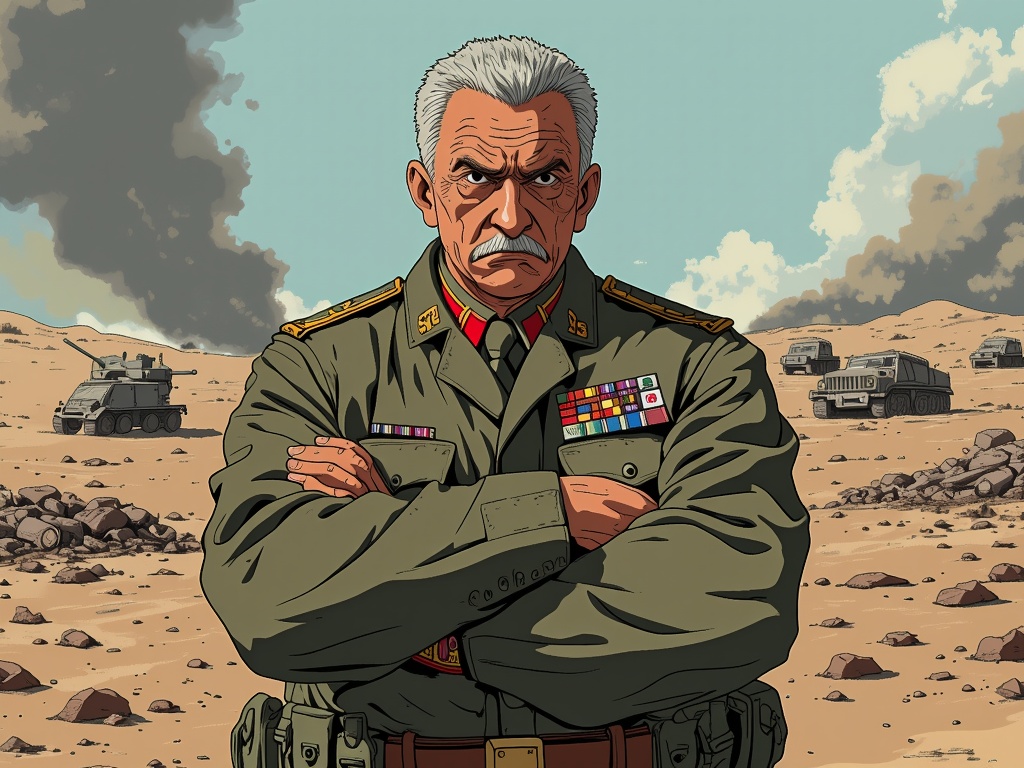 The image is an illustration of a man in a military uniform standing in a desert-like landscape. The man is wearing a green military uniform with medals and insignia on his chest and arms crossed in front of him. He has a serious expression on his face and is looking directly at the camera. In the background, there are several military vehicles and tanks scattered across the ground. The sky is blue with a few clouds and there is a large plume of smoke rising from one of the tanks. The overall mood of the image is tense and ominous.