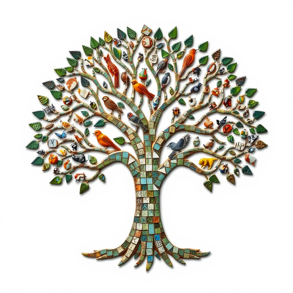 A stylized tree of life where the canopy and branches are an intricate mosaic. Individual tiles subtly reveal textures or simplified forms of various species (birds, insects, mammals) nestled within the design, symbolizing interconnectedness.