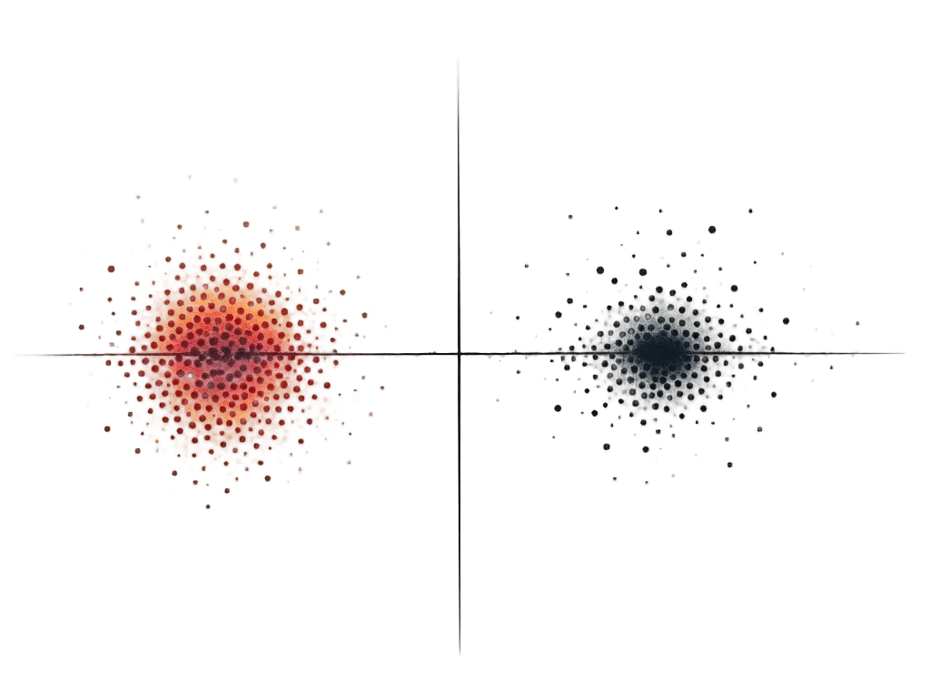 A 'before and after' probability cloud concept. On one side of a defined barrier line, a dense cloud or cluster of dots represents the high probability of the particle. On the other side, a much sparser, diffused cloud represents the lower probability of the particle having tunneled through.