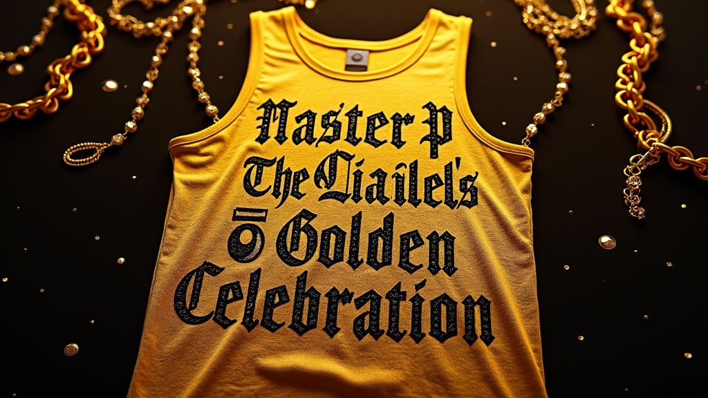 Design featuring a golden, blinged-out No Limit style tank with 'Master P' and 'The Colonel's Golden Celebration' in a bold, impactful font. Accents like diamond studs or gold chains could frame the design.