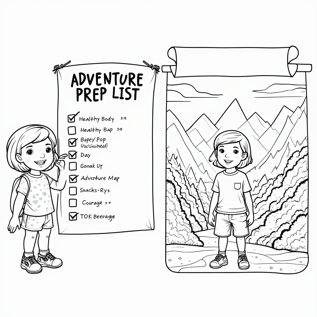 Page 2: 'Adventure Ready Checklist'. A split panel page. One side shows a child happily checking off items on a big 'Adventure Prep List': 'Healthy Body - ✓ (Vaccinated!)', 'Adventure Map - ✓', 'Snacks - ✓', 'Courage - ✓'. The other side shows the child ready to step out into an exciting landscape.