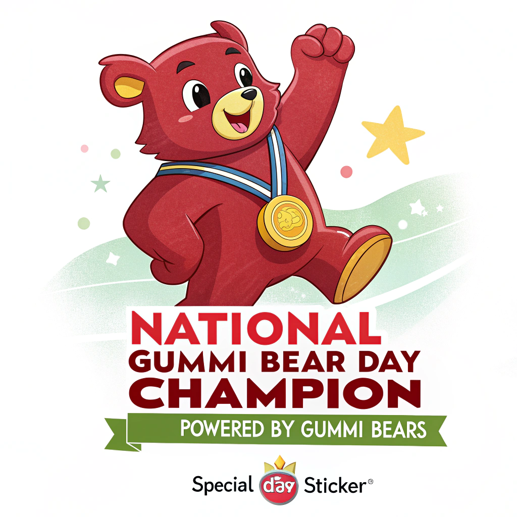 Sticker Design 1: 'The Champion Gummi'. A heroic Gummi Bear character wearing a medal inscribed 'National Gummi Bear Day Champion.' Tagline below: 'Powered by Gummi Bears'. Small text: 'Special Day Sticker'.