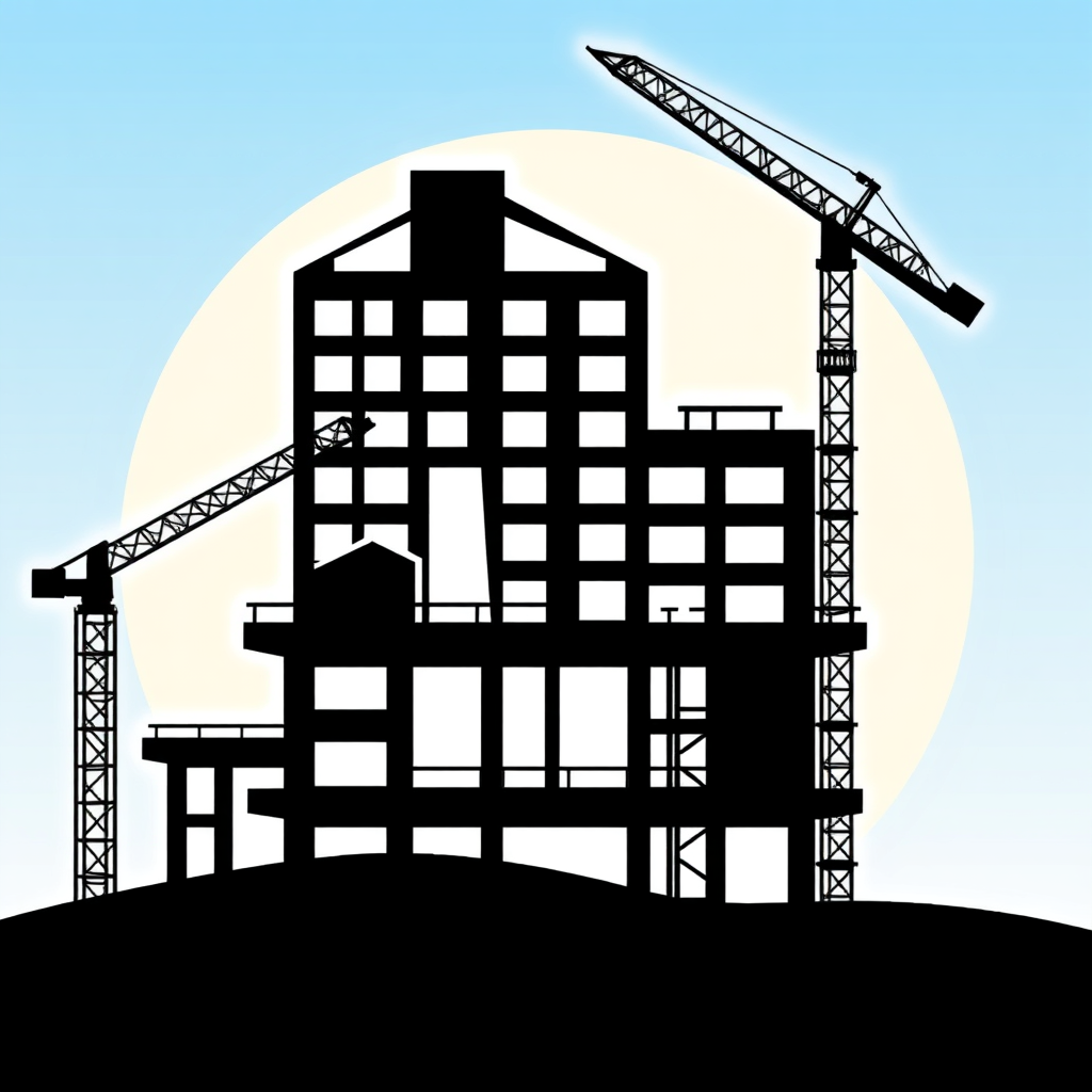 Sub-design idea 4: A dynamic abstract logo showing building forms in progressive stages of construction, perhaps with lines suggesting scaffolding or a crane integrated into the silhouette.