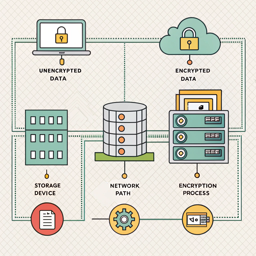 A versatile pattern system based on modular components that can be combined to represent various encryption scenarios. This could include icons for 'unencrypted data,' 'encrypted data,' 'storage device,' 'network path,' and 'encryption process,' allowing for the creation of clear visual narratives for security architectures.