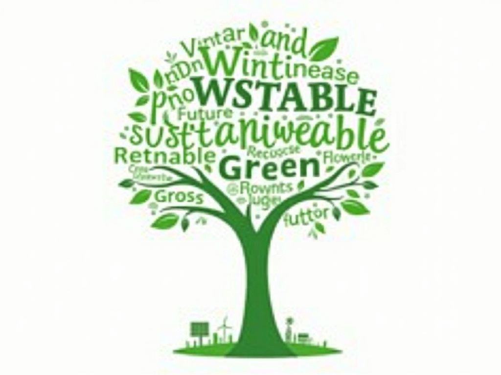 A word cloud forming the shape of a tree or the Earth, comprised of terms such as 'Solar', 'Wind', 'Renewable', 'Sustainable', 'Conserve', 'Recycle', 'Green', 'Future', with prominent clean energy icons (e.g., wind turbine, solar panel) subtly embedded within the text.