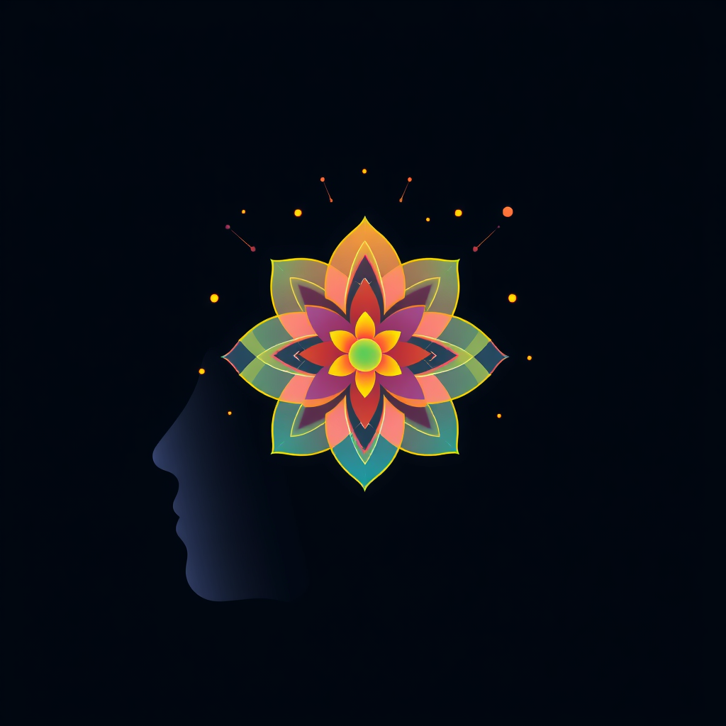 MindFlower Emergence: An abstract depiction of a human head profile or a simplified brain shape, from which a vibrant, stylized floral bloom emerges. This bloom could be composed of geometric shapes, glowing particles, or data-driven patterns, symbolizing the creative output of AI.