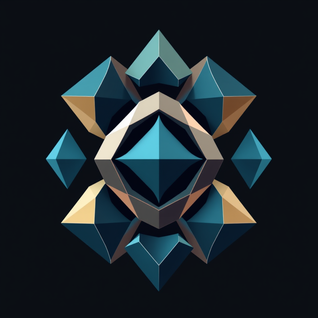Sub-Design Idea 1 (Interlocking Prisms): Multiple geometric prisms (e.g., triangular, hexagonal) tightly interlock, potentially forming 'SG' or an upward arrow, with connecting facets symbolizing collaborative bonds.