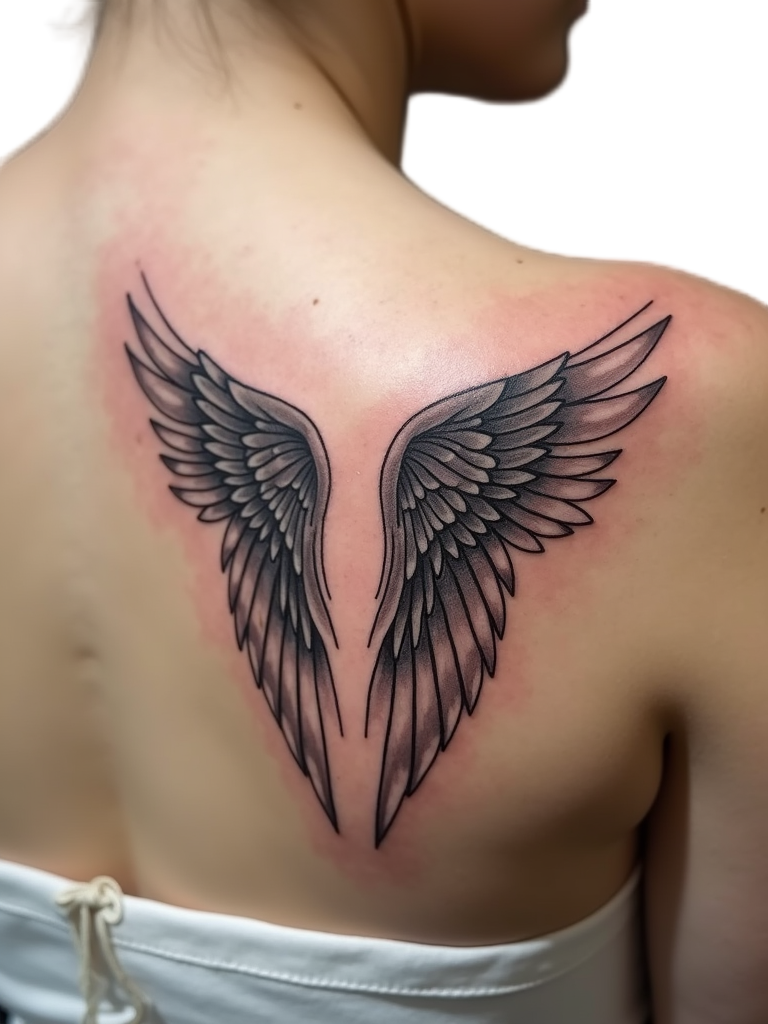 An ethereal angel wings tattoo on the shoulder blade, the feathers intricately detailed to bring forth themes of protection and spirituality.