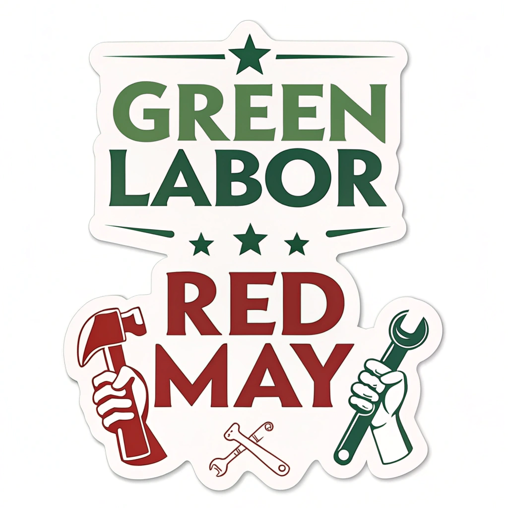 Sticker design idea: A bold typographic design. Main text 'GREEN LABOR' in a strong green font, stacked above 'RED MAY' in an equally strong red font. A small icon, like a sprouting wrench, could be included.