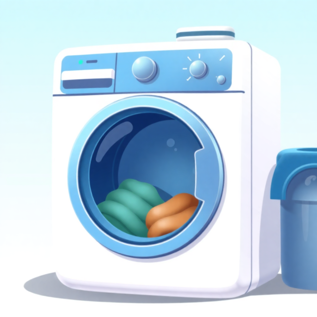 The image shows a washing machine with a blue background and a trash can next to it. Inside the washing machine, there are various objects visible.