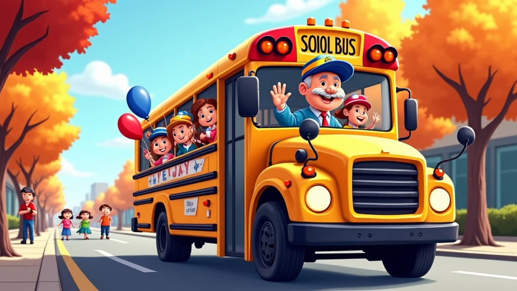 A delightful cartoon of a school bus adorned with patriotic decorations carrying children to a Veterans Day event. The driver, a veteran himself, waves to families lining the streets. The bus is filled with balloons and banners inside, capturing both the journey and spirit of gratitude.