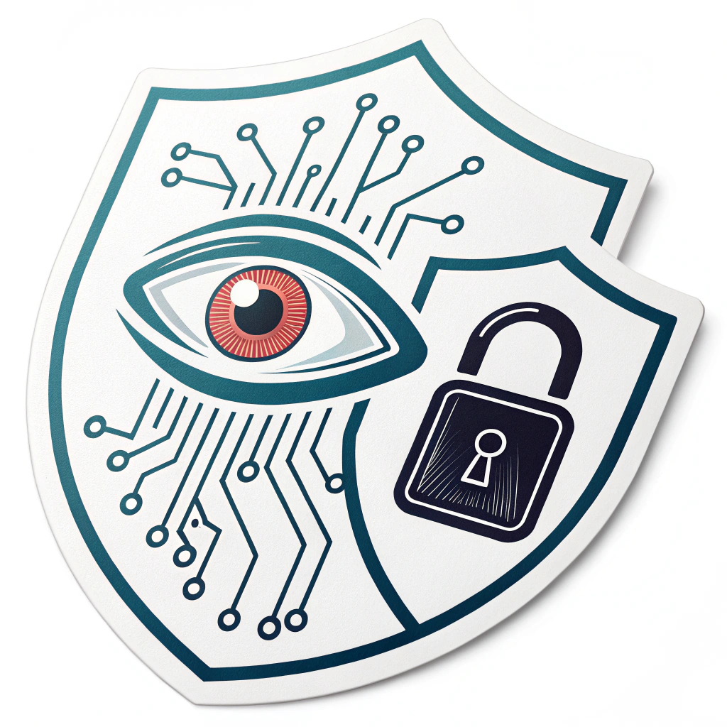 An eye embedded within a shield or a lock symbol, but with digital trails or circuits flowing out of it, signifying that even protected systems are under watch. The eye itself could have a slightly ominous glow.