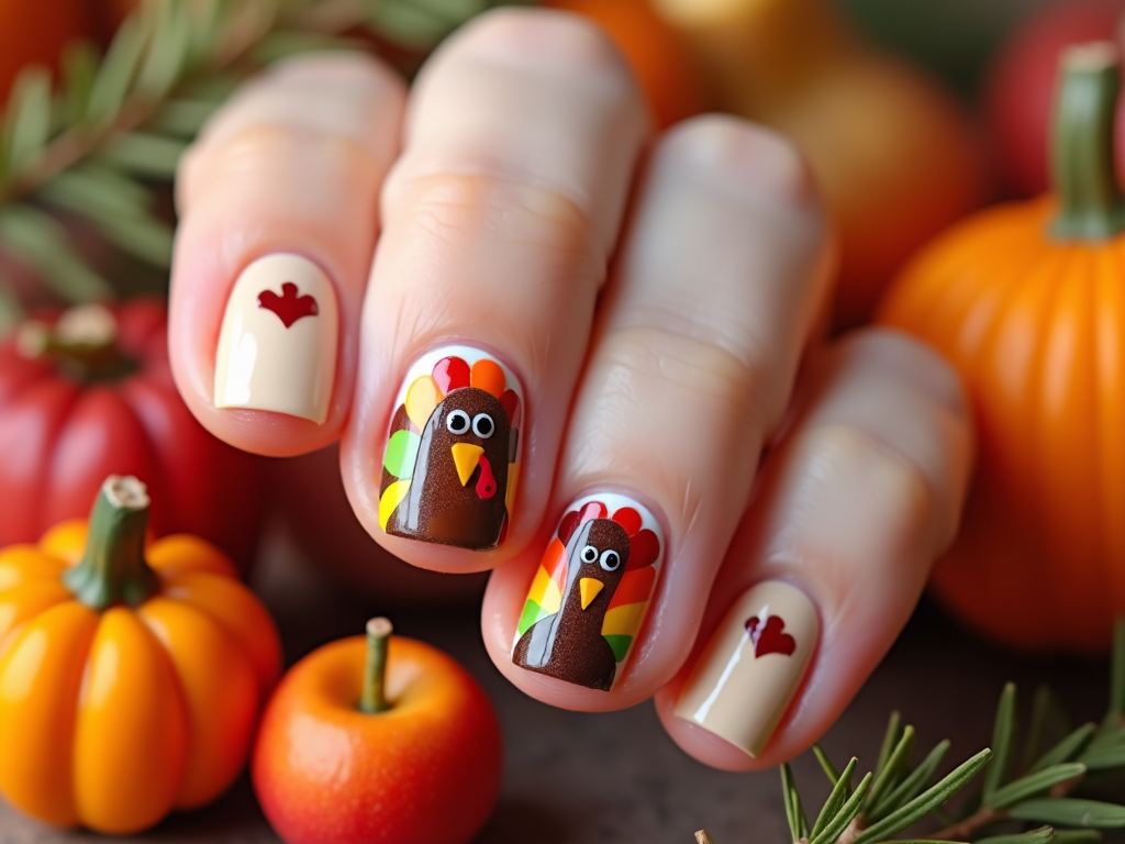 Nails flaunting a cute cartoon turkey surrounded by colorful feathers and autumn fruits, perfect for a playful holiday vibe.