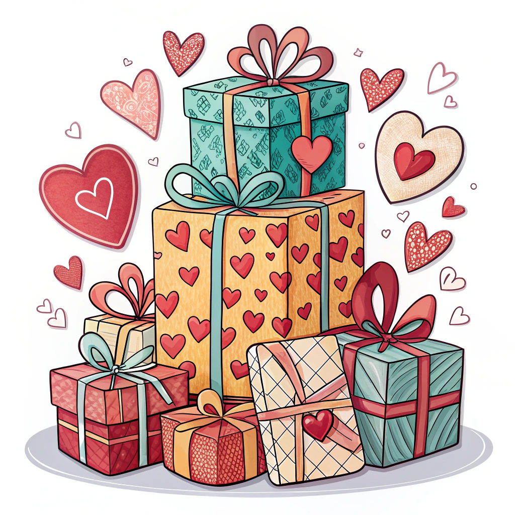 A sticker with a pile of wrapped presents, some with hearts on them.