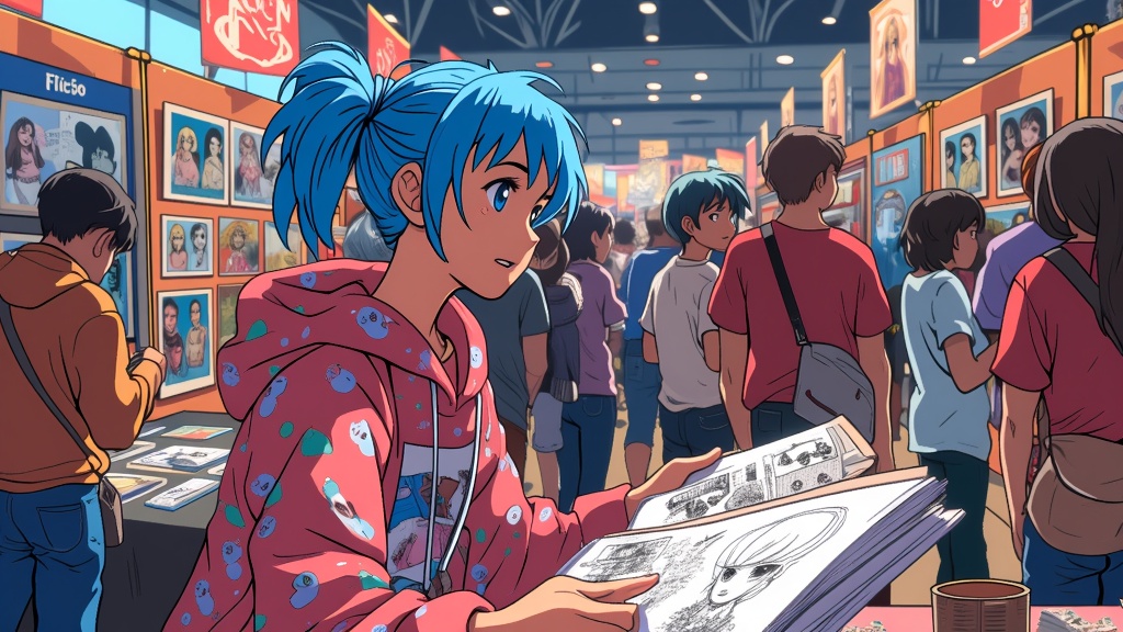 Illustrate the chaotic beauty of MomoCon's Artist Alley: a kaleidoscope of creators, diverse anime character artwork, and fans connecting over shared passions and the stories behind the art.