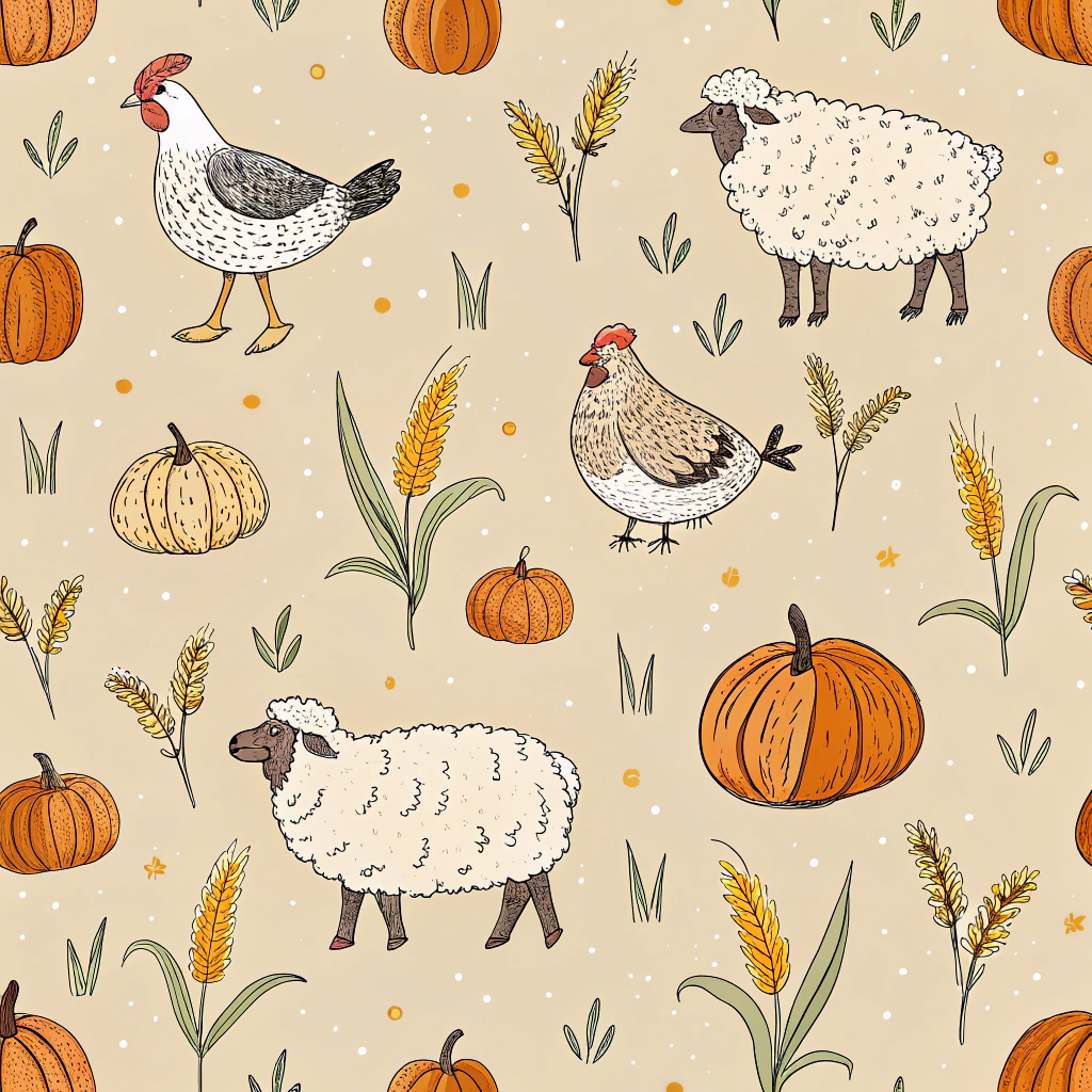 A rustic Thanksgiving pattern with hand-sketched farm animals such as sheep and hens mingling with pumpkins and cornfields. Laying against a dusty tan background, it represents the homely and traditional aspects of the Thanksgiving harvest experience.