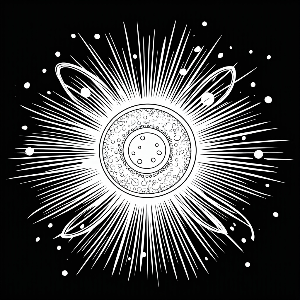 Reverse leap: Show an electron in an outer, 'excited' energy shell falling back to an inner, 'ground state' shell, emitting a beautifully patterned photon or wave of light. This light can be the focal point for coloring, radiating outwards.