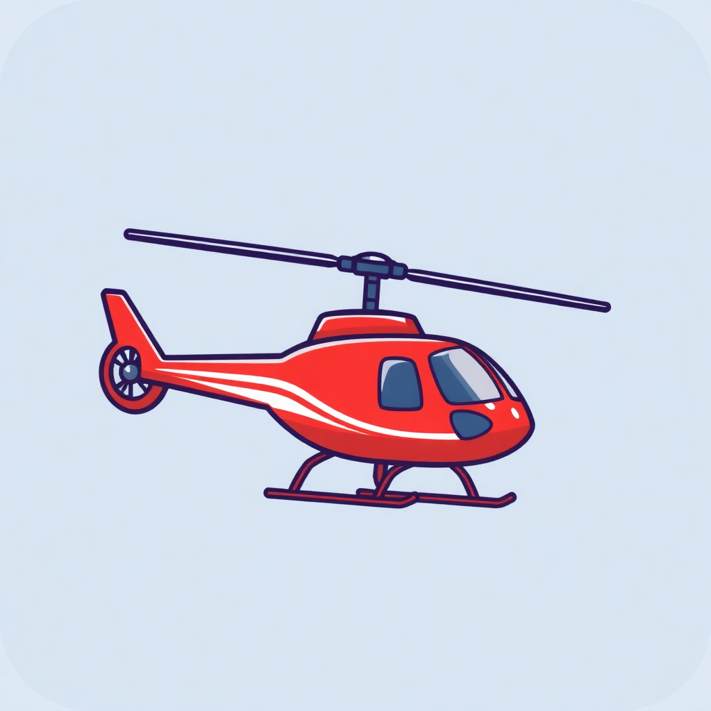 The image is a digital illustration of a red helicopter. The helicopter is in the center of the image and is facing towards the right side. It has a pointed nose and two propellers on either side. The body of the helicopter is outlined in red and has a small window on the front. The background is a light blue color. The image has a simple and cartoon-like style.