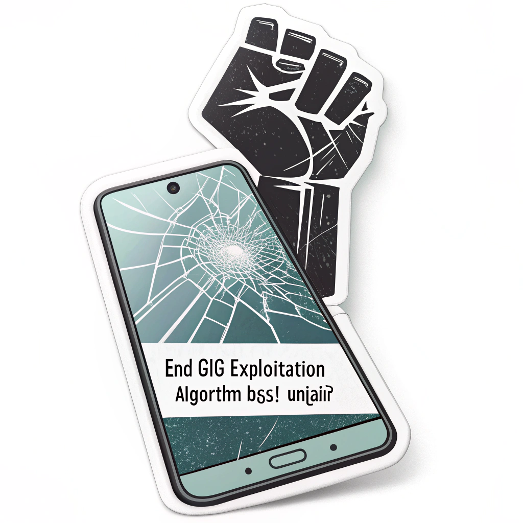 A graphic depicting a cracked smartphone screen displaying a notification for a very low gig payment, with a fist symbol rising behind it. Text suggestion: 'End Gig Exploitation' or 'Algorithm Boss? Unfair'.