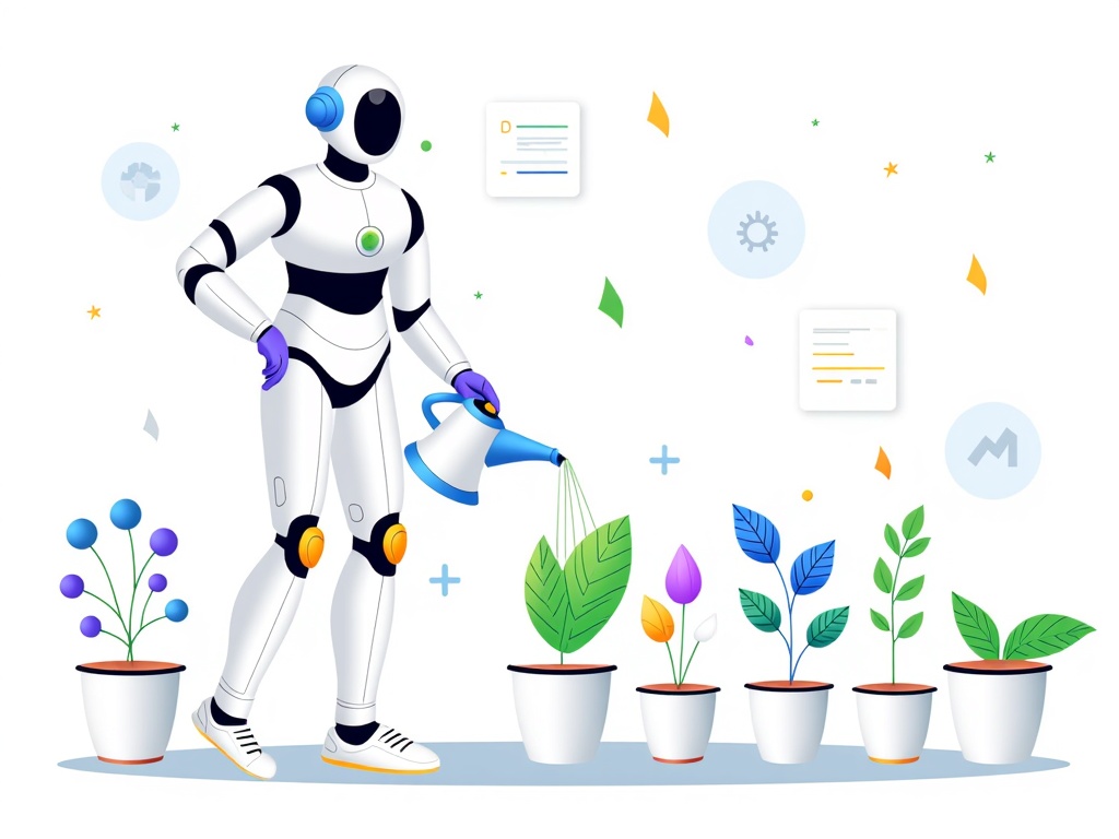 Conceptual illustrations of AI as a 'gardener' nurturing a 'garden of data,' where data points are stylized plants or trees, showing AI cultivating insights and fostering growth from raw information.