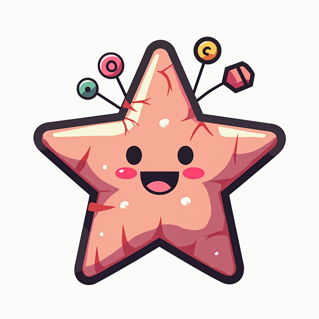 Simple Icon Idea: A stylized, minimalist star-shaped piñata icon with a single, distinct crack from which 3-4 simplified, brightly colored candy shapes (circle, swirl, square) are comically popping out.