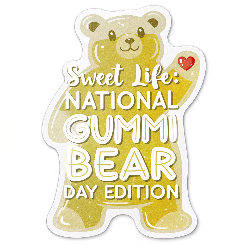 A die-cut sticker in the shape of a classic gummi bear, with the text 'Sweet Life: National Gummi Bear Day Edition' printed across its belly in a fun, bubbly font.