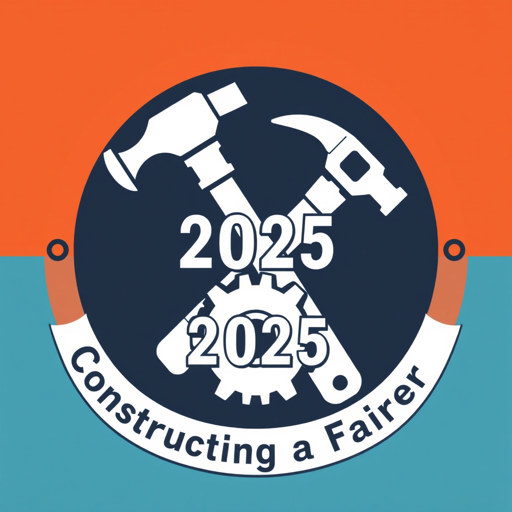 Sub-design 2: Dynamically interlocked hammer and gear, suggesting motion and collaborative construction. '2025' is displayed boldly, with 'Constructing a Fairer' as a strong baseline or banner.