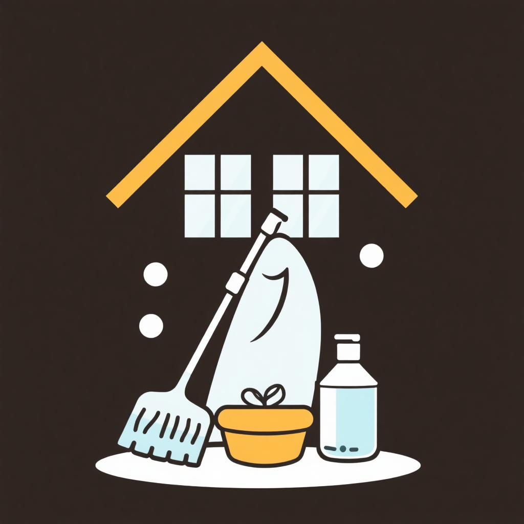 The image is an illustration of a house with a yellow roof and a brown background. Inside the house, there are various cleaning supplies such as a broom, a bucket, a spray bottle, and a bottle of detergent. The items are arranged in a way that suggests they are being used to clean the house. The house has two windows and a chimney, and there are bubbles around the items. The overall style of the illustration is simple and cartoon-like.