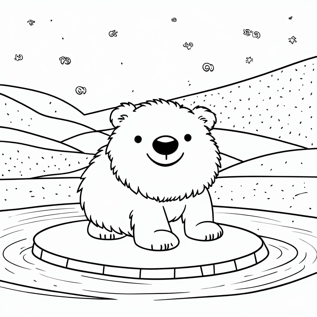 A happy polar bear sliding on ice, surrounded by snowflakes and chilly scenery.