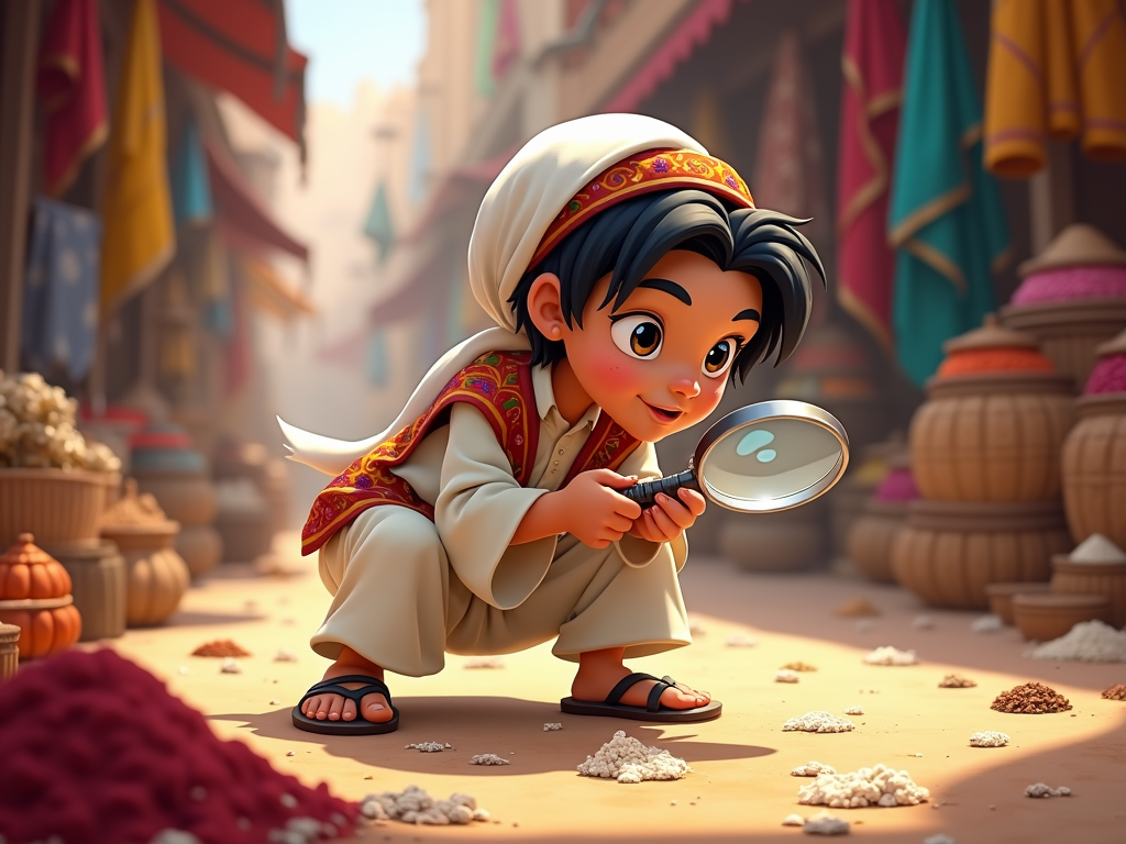 A young Qatari boy, dressed in traditional attire, uses a magnifying glass to examine clues in a bustling souq.