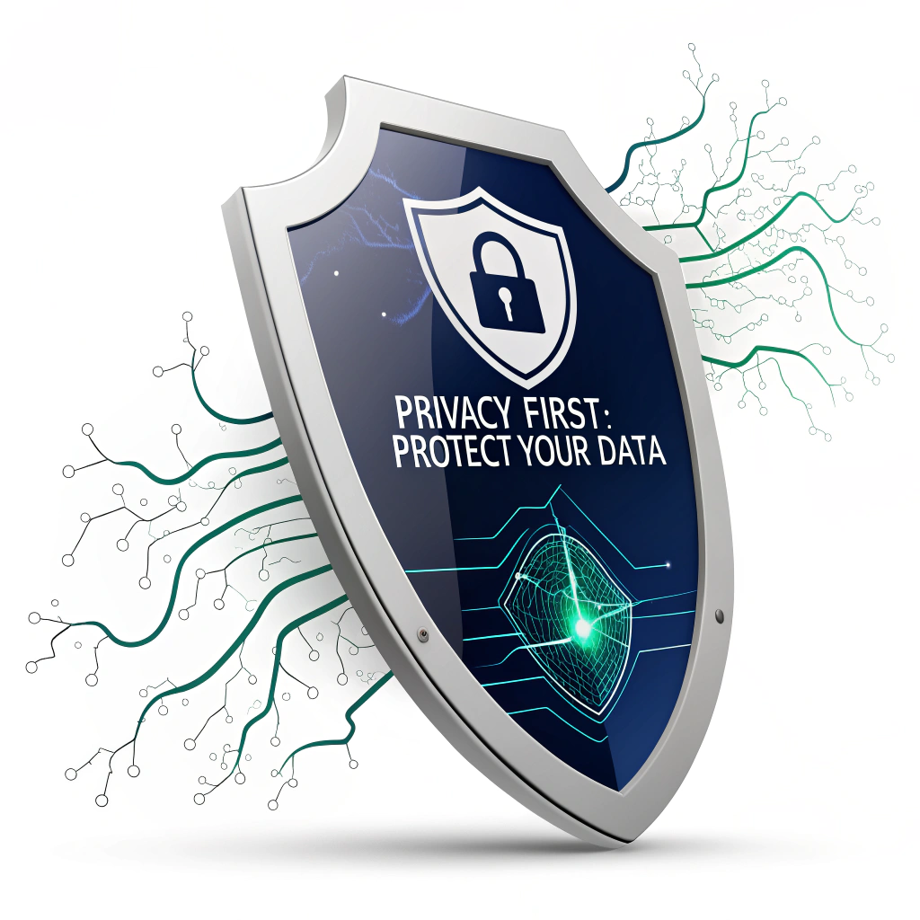The Digital Shield Sticker: A modern, sleek cyber-shield icon deflecting abstract digital threats (represented by jagged lines or glitch effects). The text 'Privacy First: Protect Your Data' is clearly integrated. Color palette: Deep blues, silver, and a vibrant accent like electric green.