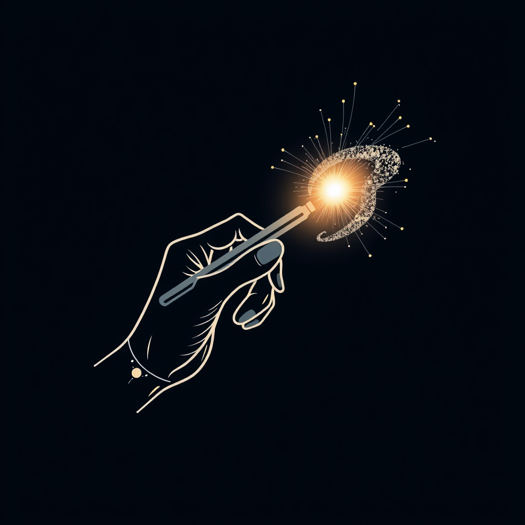 A minimalist digital hand holding a glowing pen or brush, actively sketching an abstract form, representing the Digital Muse utilizing Generative AI processes, ignited by a 'Spark of AI'.