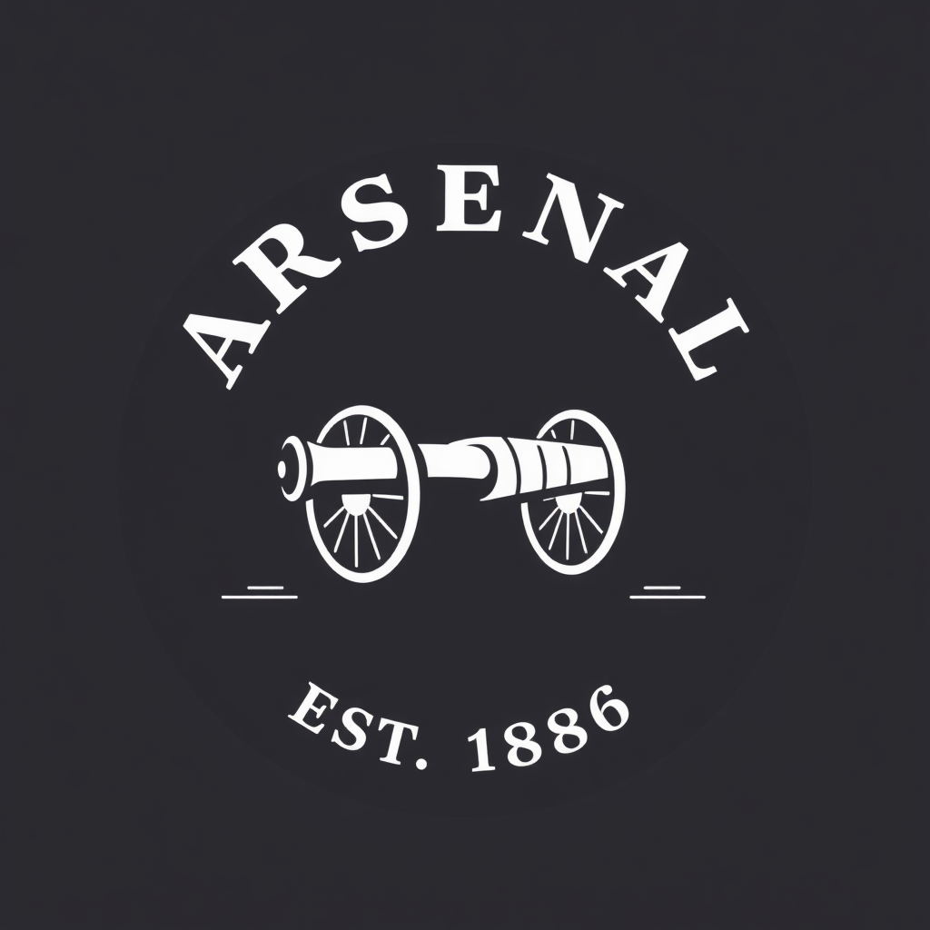 Simple Logo Idea: A circular badge featuring a classic, west-facing cannon at its center. The club's name 'ARSENAL' is arched above it in a traditional, robust sans-serif font, and 'EST. 1886' arched below.