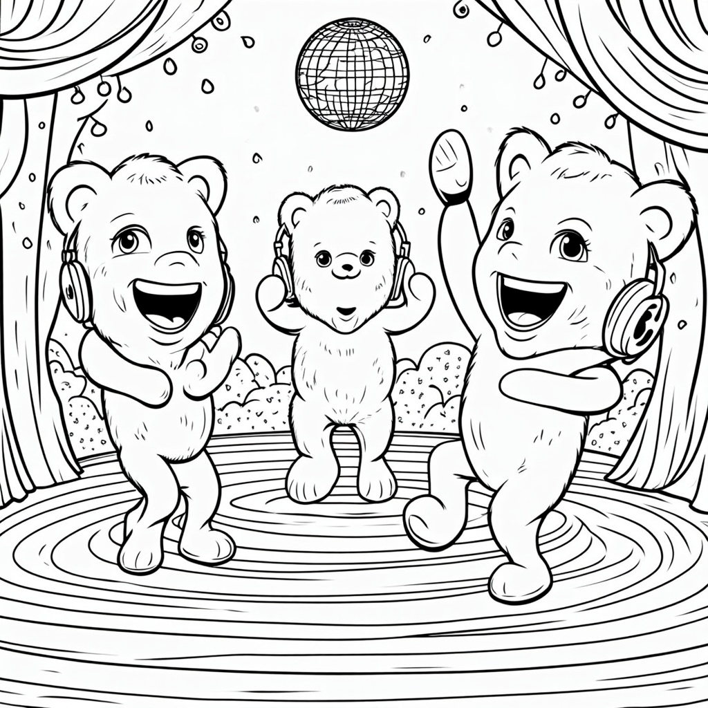 Gummy bears dancing under a gumball disco ball on a licorice dance floor, with some DJing with gummy headphones.