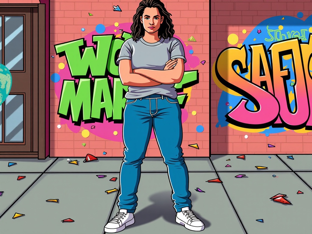  a young man standing in front of a pink brick wall with colorful graffiti on it. He is wearing a grey t-shirt, blue jeans, and white sneakers. He has long curly hair and is standing with his arms crossed. The graffiti on the wall reads World War II and Safari in bold, colorful letters. There is a globe on the left side of the image and a door on the right side. The floor is covered in confetti and there are triangles scattered around. The overall style of the illustration is cartoon-like.