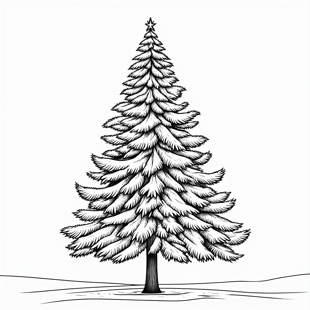 The image is a black and white line drawing of a Christmas tree. The tree is tall and slender with a pointed top and a conical trunk. It is covered in a thick layer of snow, giving it a frosty appearance. The branches of the tree are thin and fluffy, and the trunk is straight and sturdy. The background is plain white, making the tree stand out. The overall style of the image is simple and minimalistic.