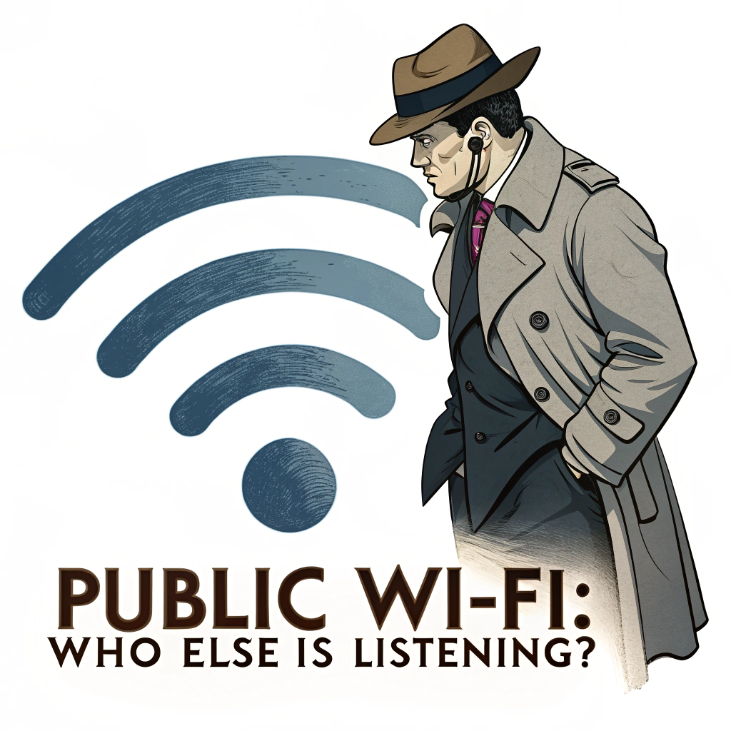 Sticker Design: A Wi-Fi symbol wearing a fedora hat and trench coat, appearing suspicious. Text: 'Public Wi-Fi: Who Else is Listening?'