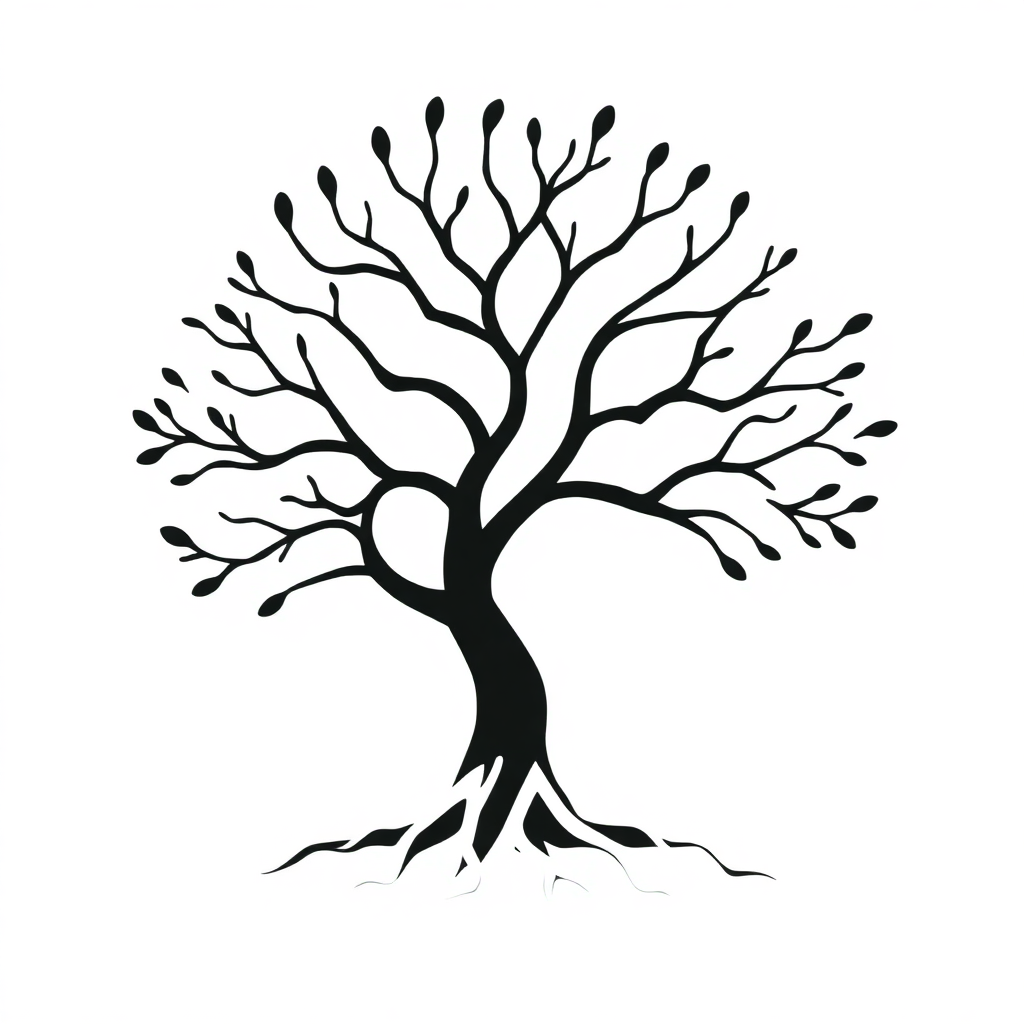 An abstract tree silhouette using a series of interconnected, flowing lines to suggest branches and roots, giving a sense of movement and organic growth.