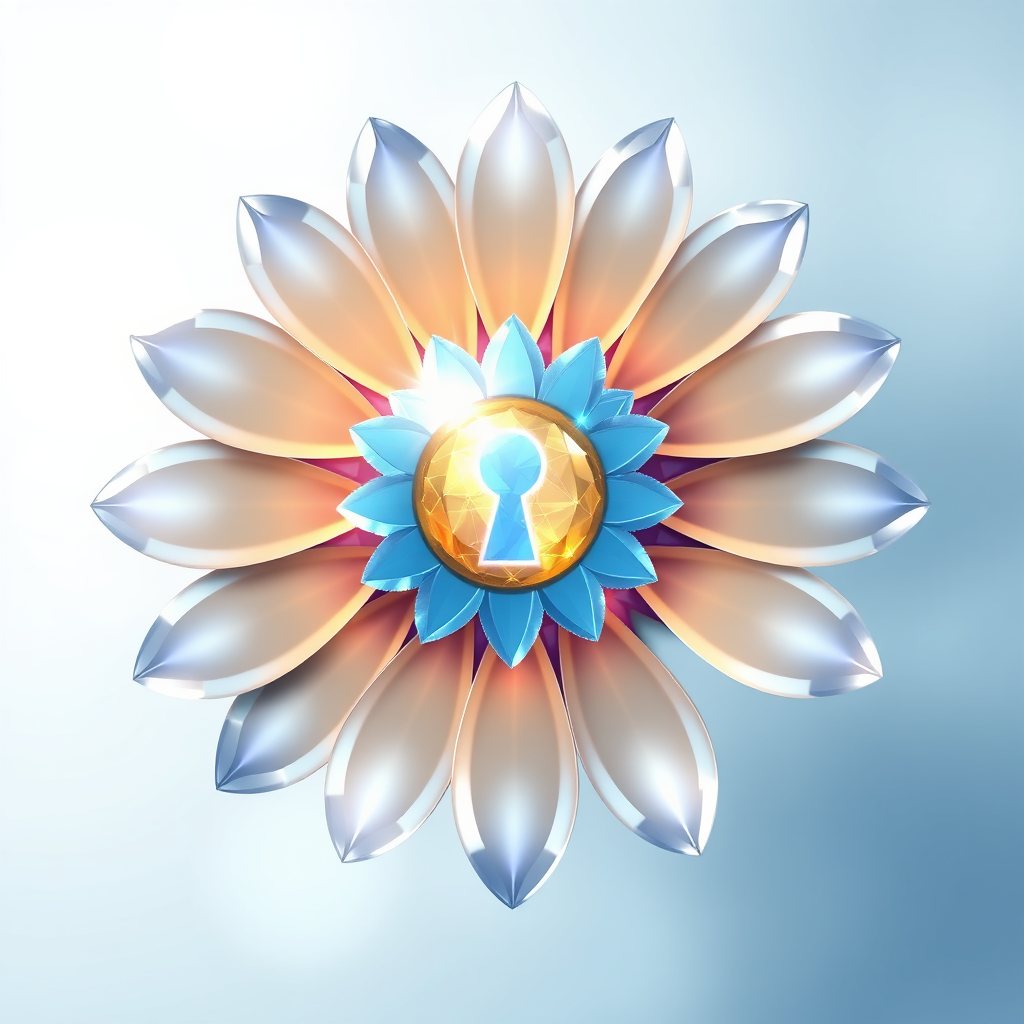 Sub-Design Idea 3 (Crystal Key Daisy): The daisy's form is inspired by a crystal structure, with petals formed from luminous, refracting facets. The center of the daisy is a glowing keyhole or a crystalline gate, symbolizing entry to the ethereal realm of EDC.